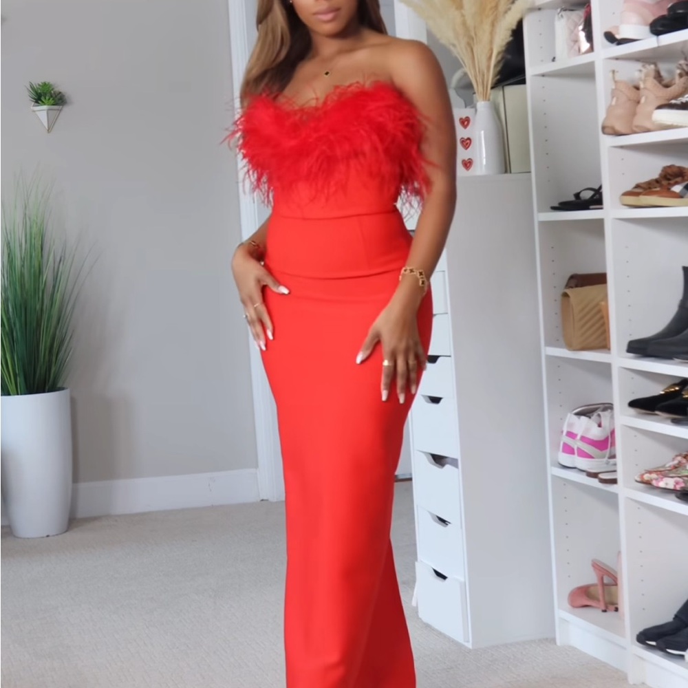 Red feather maxi dress